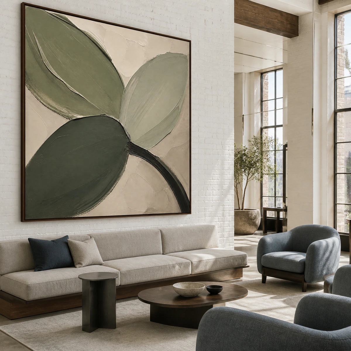 Verdant-Arc anchoring an expansive daylight-filled hospitality loft interior.
