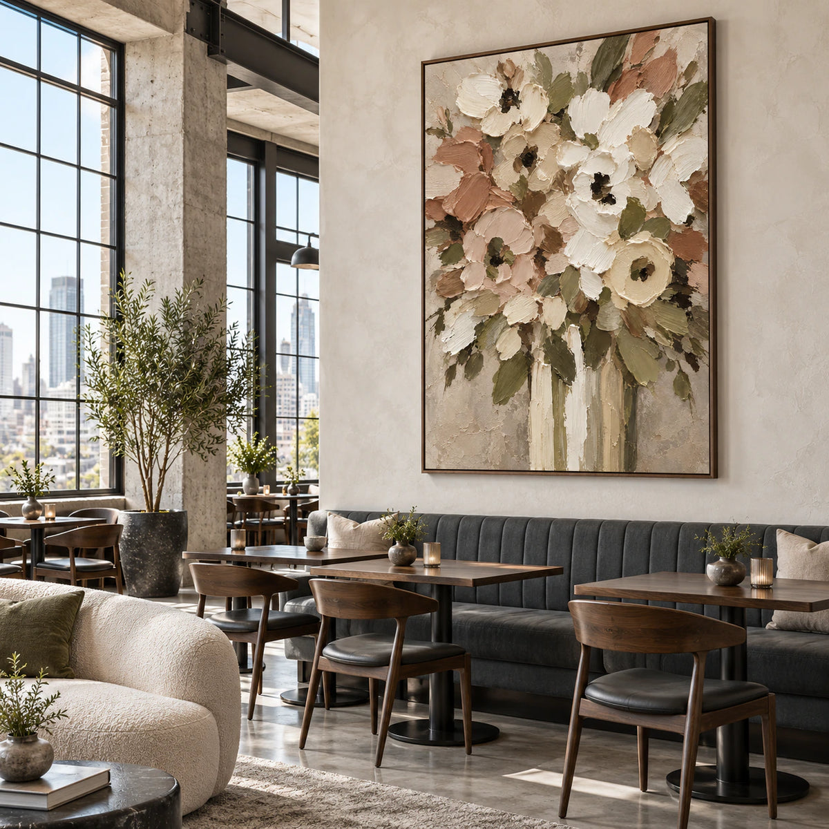 Verdant-Bouquet anchoring an expansive sunlit hospitality loft.