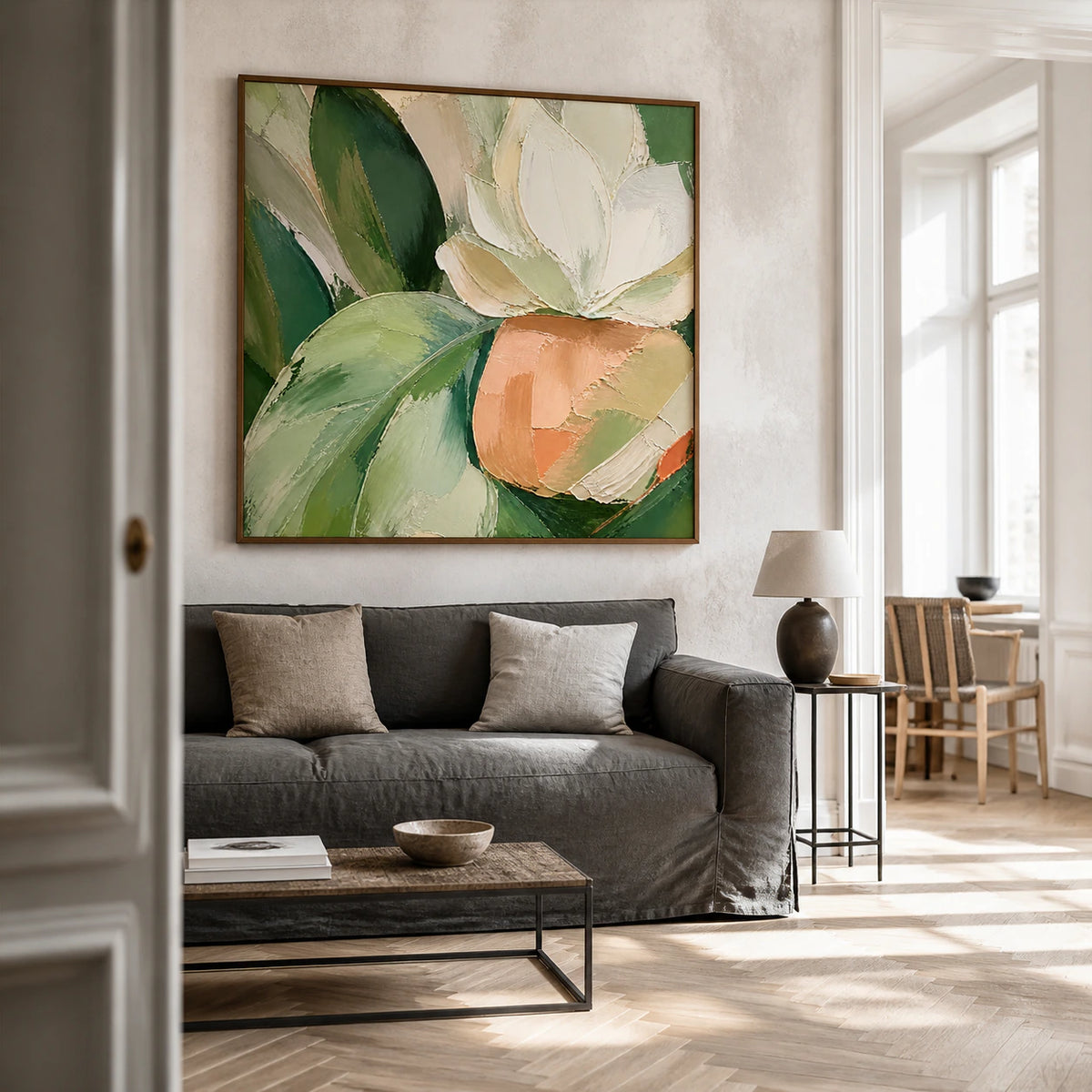 Verdant-Contour as a large focal artwork in a bright contemporary living room.