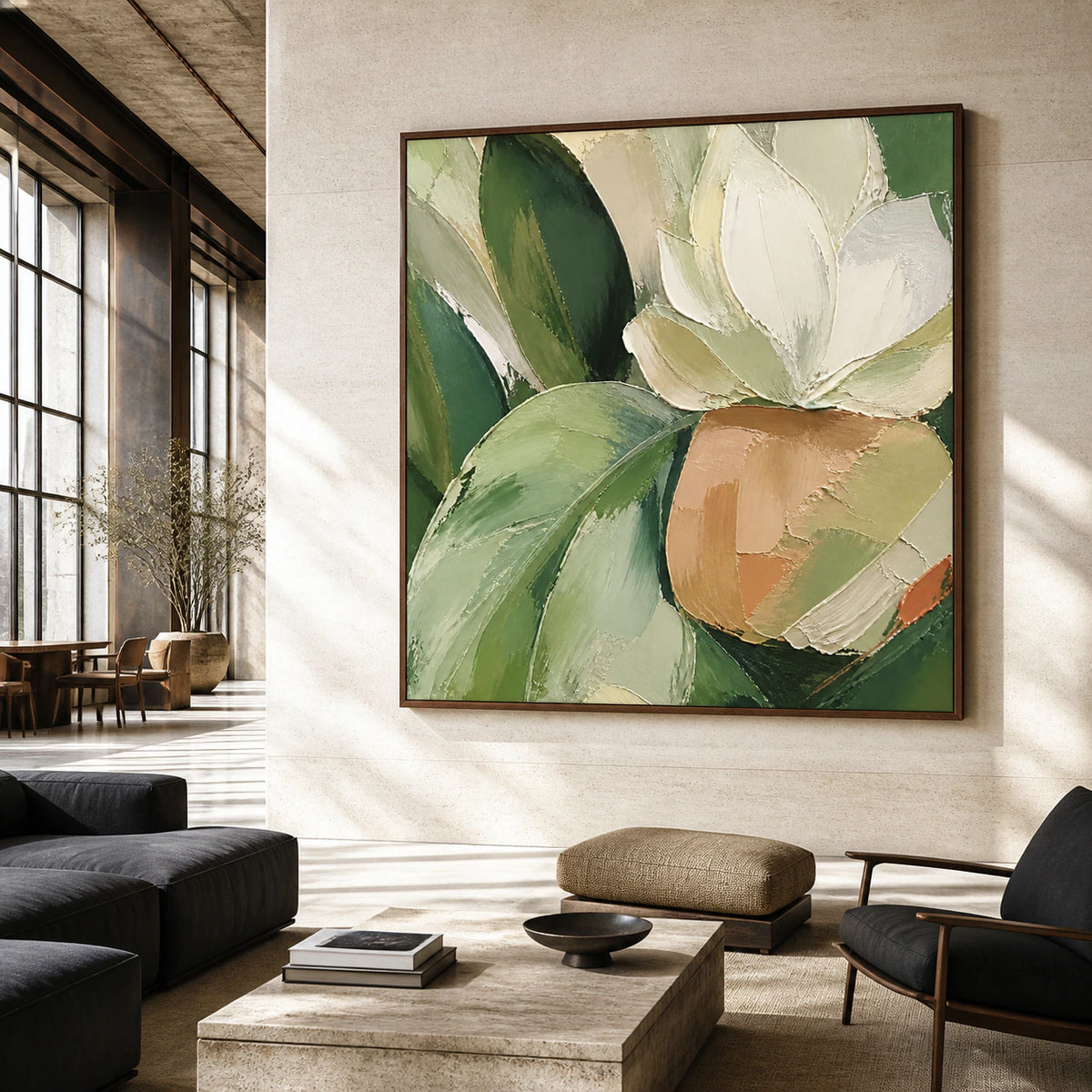 Verdant-Contour featured at large scale in a bright loft hospitality interior.