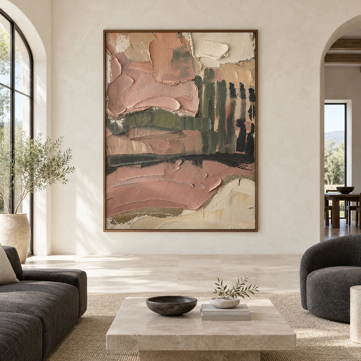 Large vertical Verdant-Embankment painting shown straight-on in a spacious daylight interior.