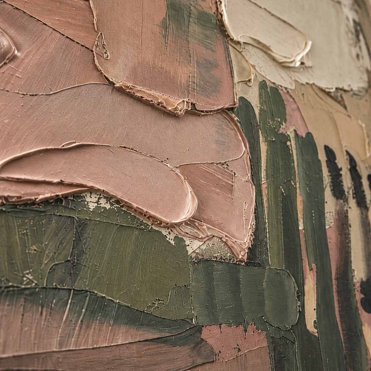 Verdant-Embankment oil painting brushwork and impasto detail photographed from an oblique side angle