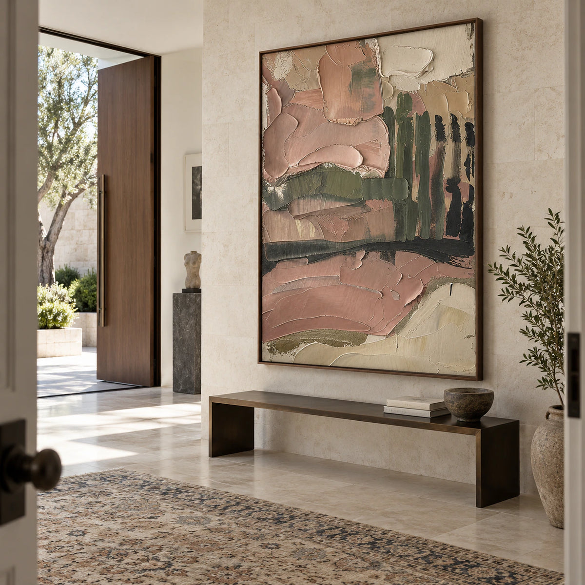 Large Verdant-Embankment painting in a gallery-scale daylight foyer.