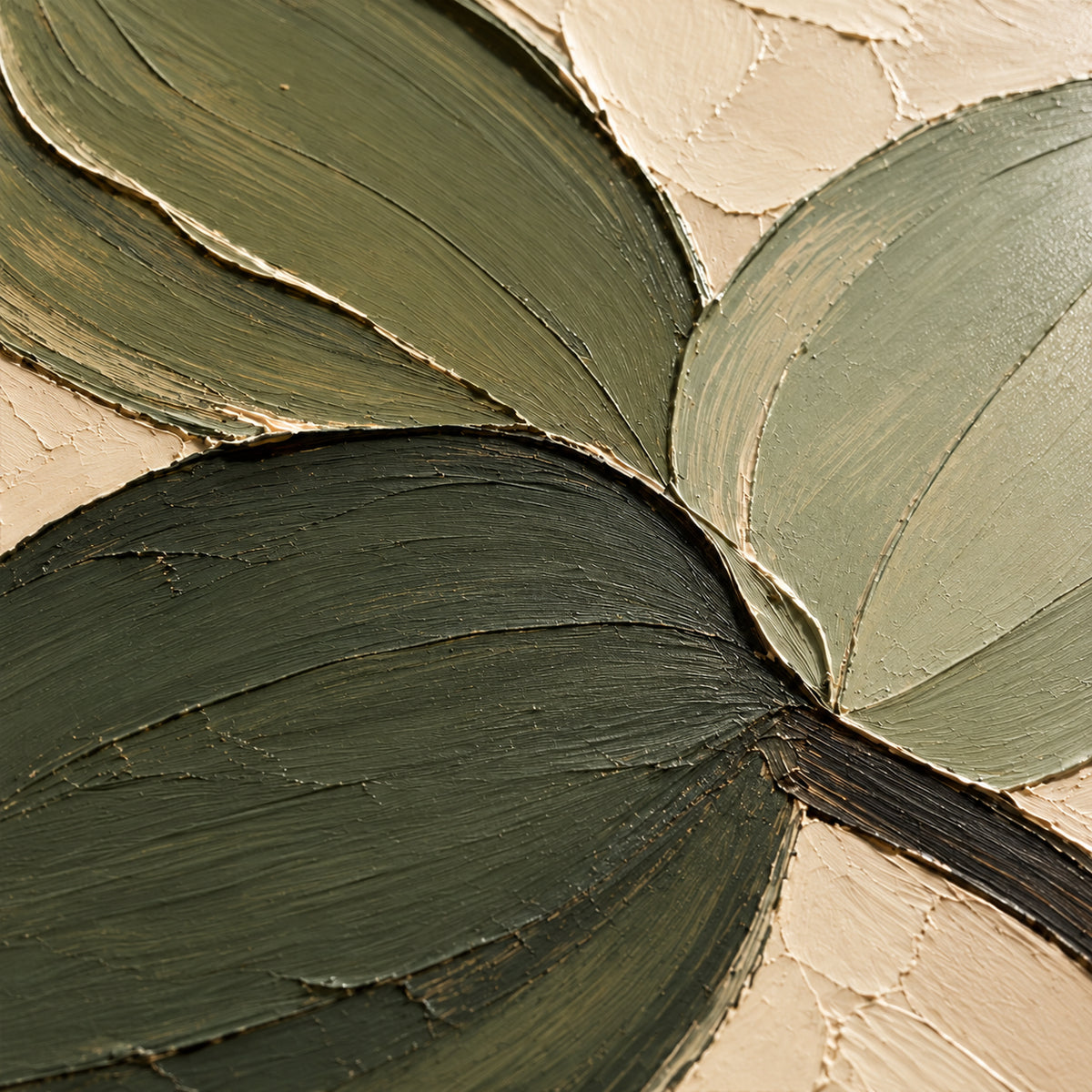Oblique close-up of Verdant-Fold's olive and ivory painted surface, with grazing light revealing raised strokes and shallow shadows.