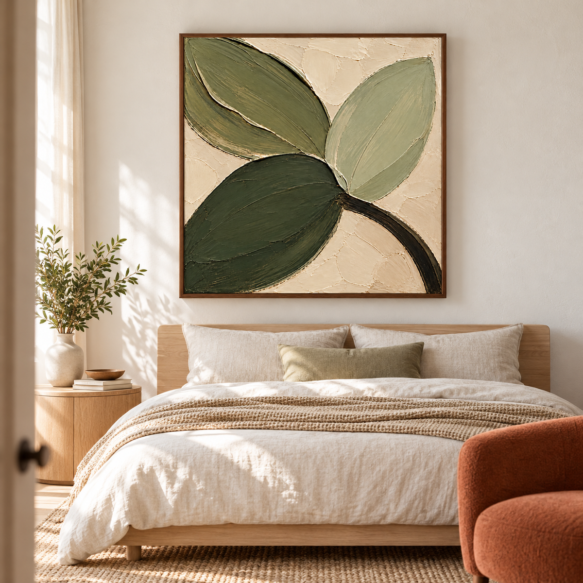 Verdant-Fold above a low bed with pale linen bedding beside a dark wood table, viewed from the left in soft morning daylight.