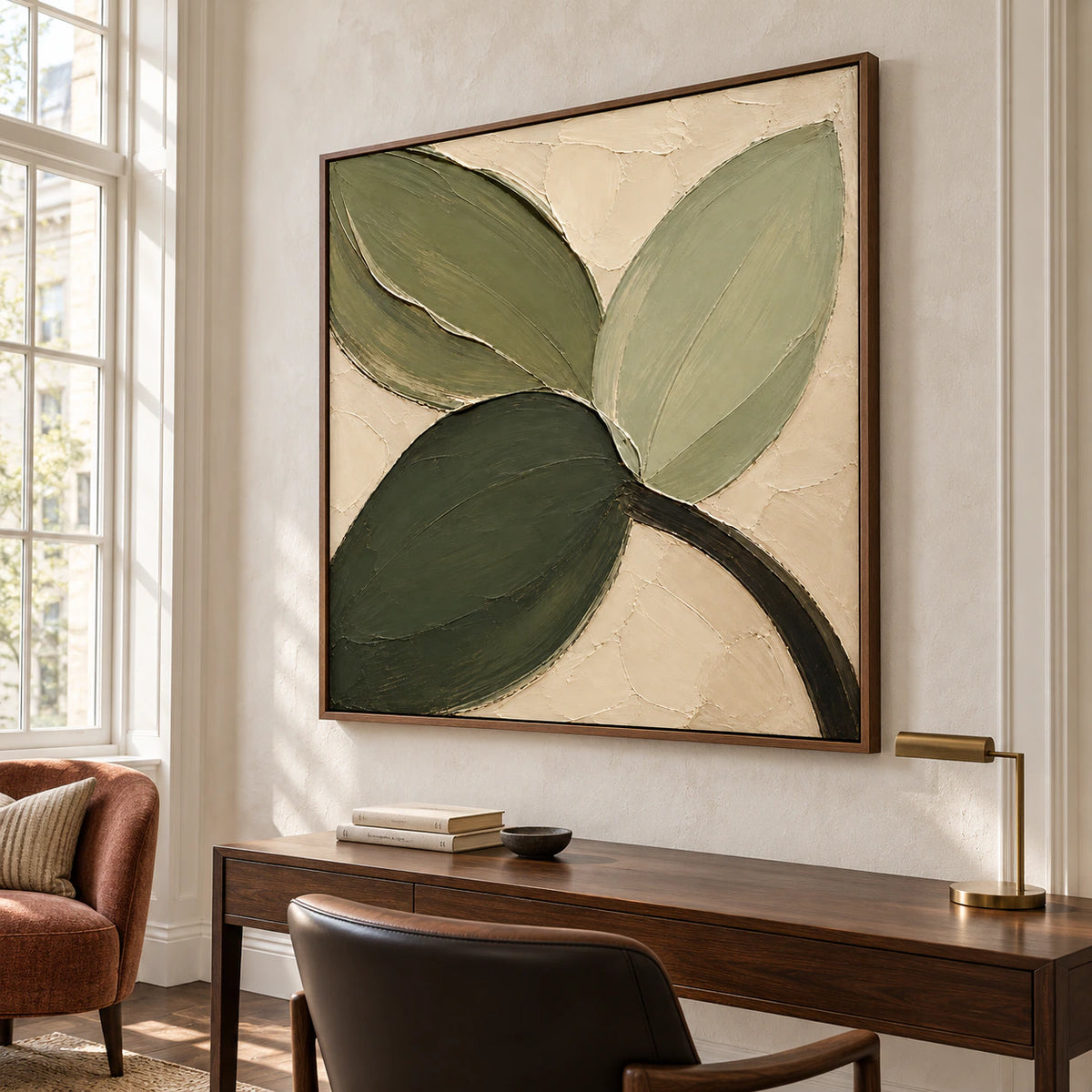 Verdant-Fold above a slim desk in a bright home office with tall windows, white walls, a dark desk chair and a small reading chair, viewed from the right.