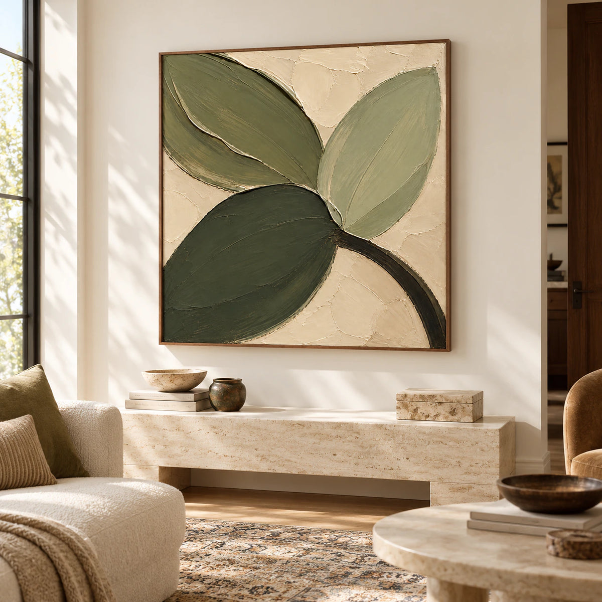 Verdant-Fold on a broad warm-white wall in an airy loft with high ceilings, large windows, a low black leather bench and pale stone furnishings, viewed from the right.