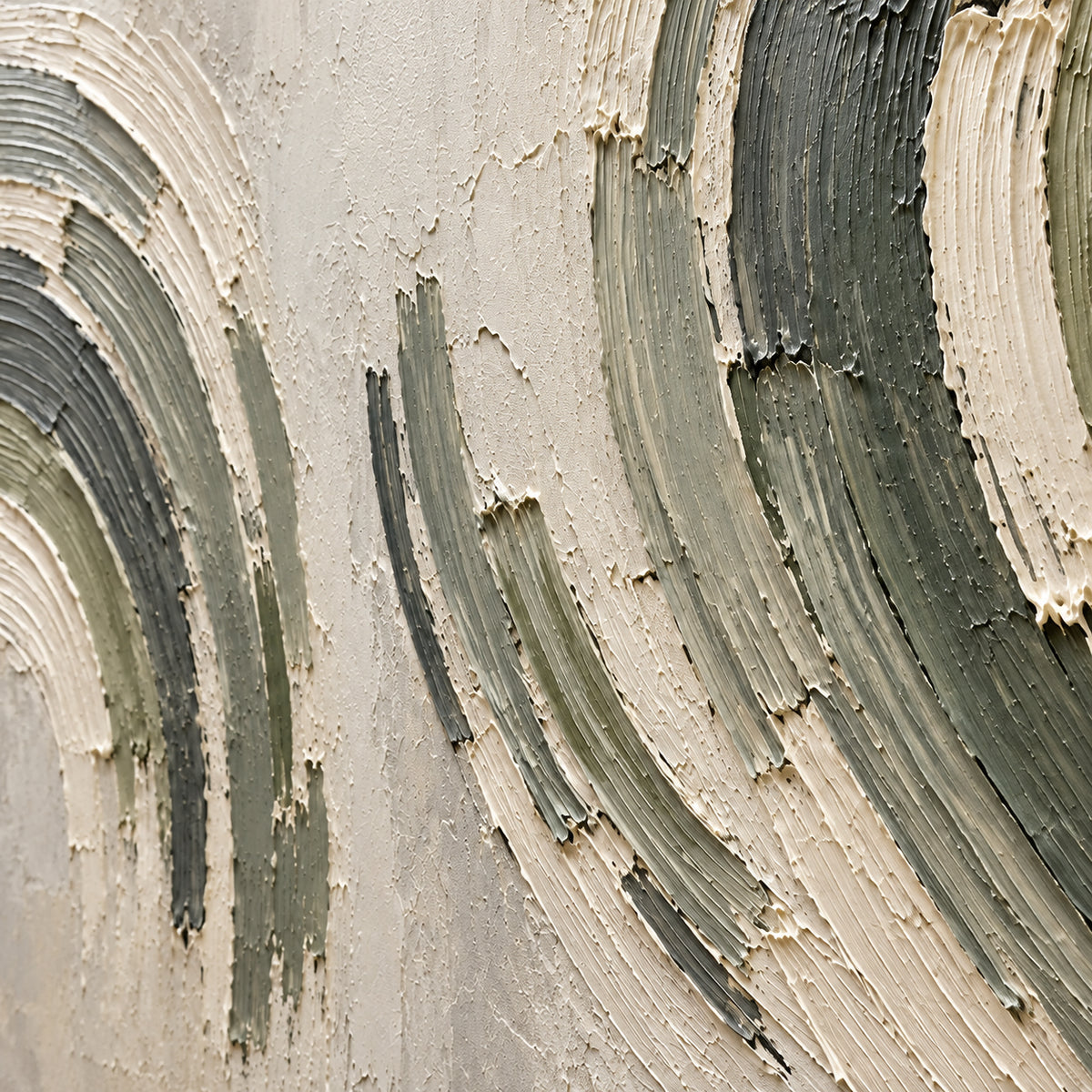 Oblique close-up of Verdant-Gyre oil painting, showing raised curved strokes, sage and ivory pigment transitions and surface texture under grazing light.