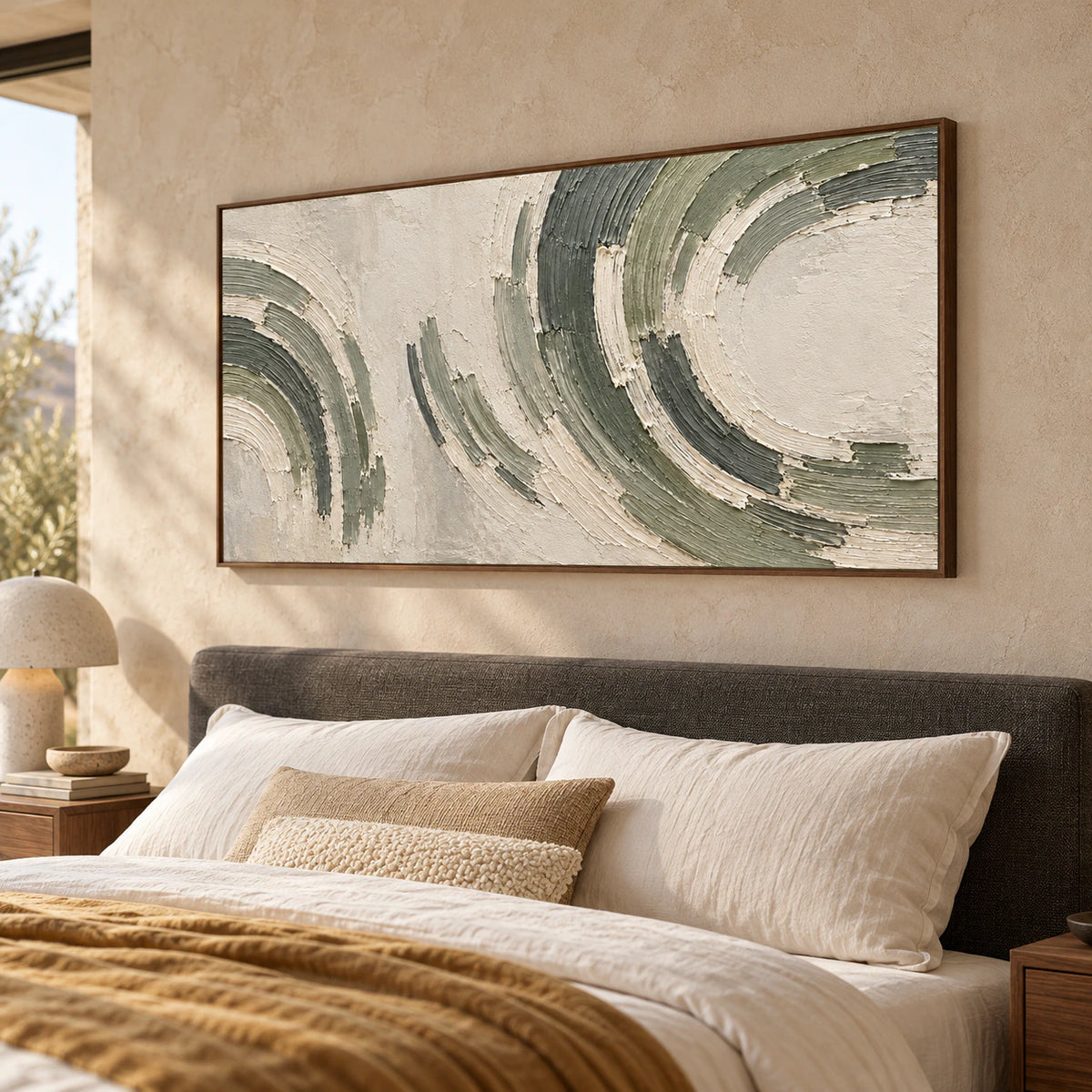 Low right oblique view of the abstract painting above a charcoal upholstered headboard, with warm white bedding and a muted ochre throw.