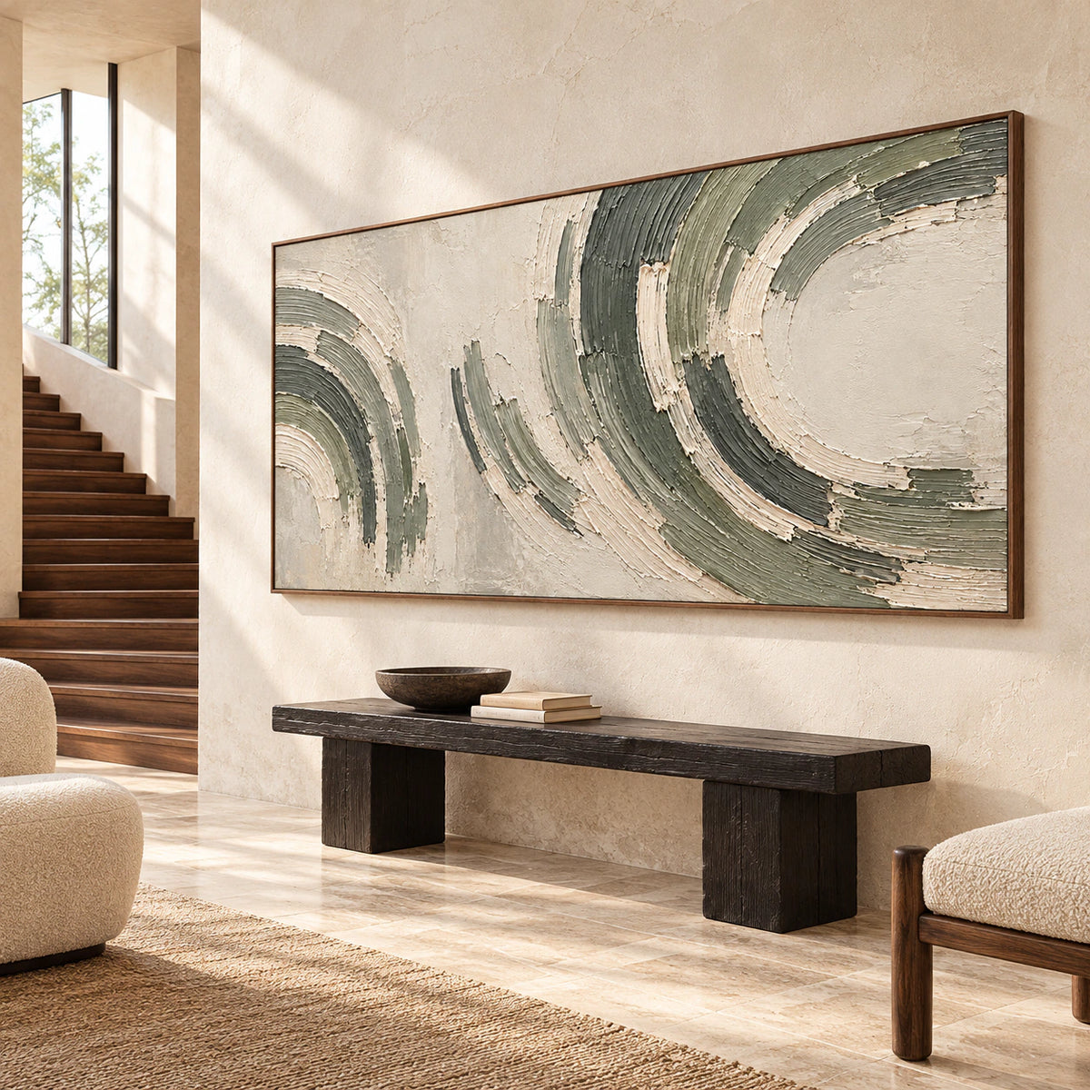 Low right oblique view of the large abstract painting in a tall limestone foyer with a broad dark wood stair and sparse blackened wood and cream furnishings.