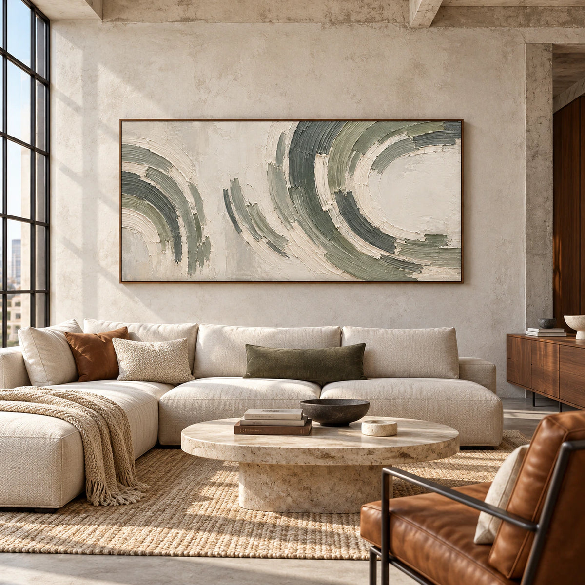 Distant left oblique view of the large abstract painting on the main wall of a bright hospitality loft with pale concrete, tall windows and cognac leather lounge seating.