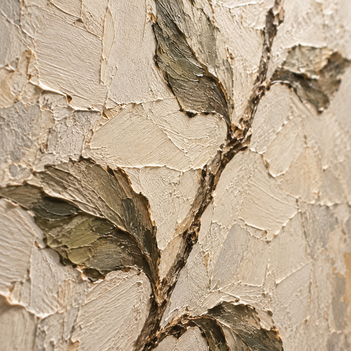 Verdant-Relic oil painting brushwork and impasto detail photographed from an oblique side angle