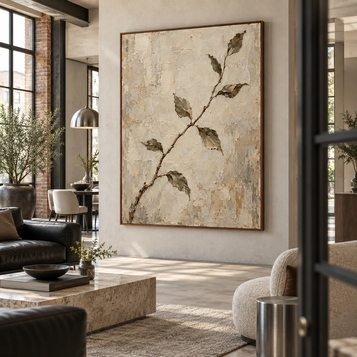 Verdant-Relic anchoring a bright loft-style hospitality interior.