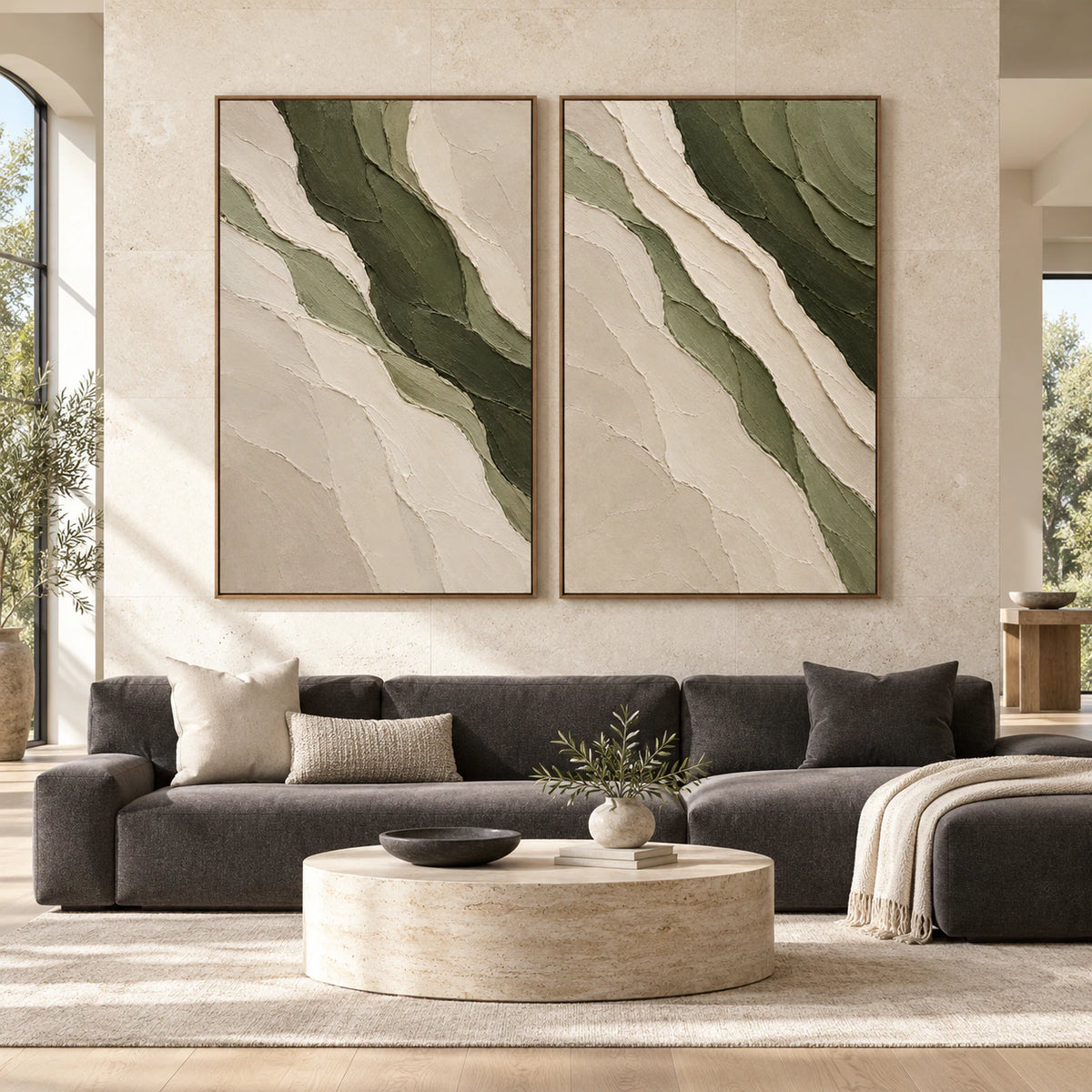 Large straight-on interior view of the Verdant-Relief olive and ivory textured diptych in slim walnut frames.