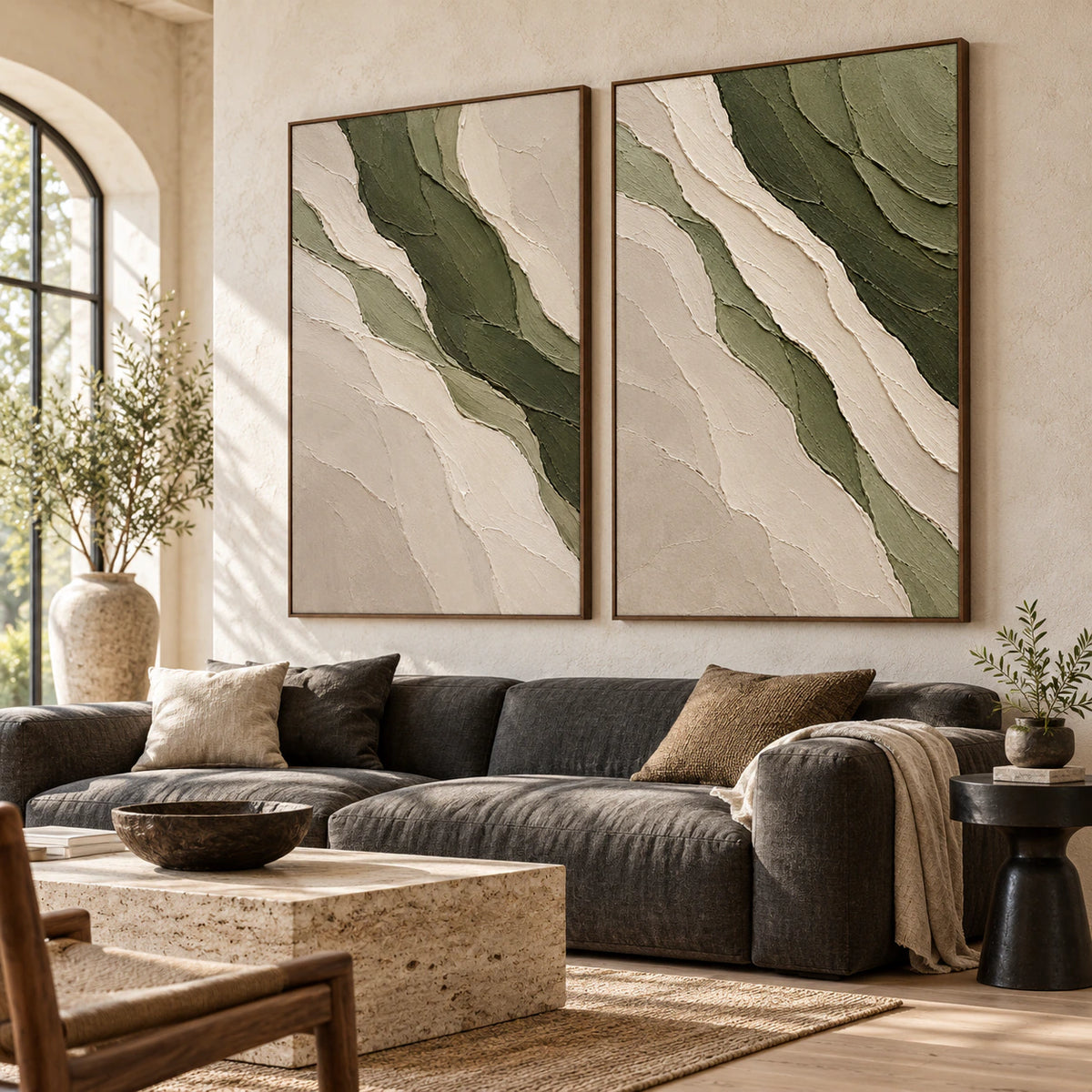 Verdant-Relief textured diptych above a sofa in a bright contemporary living room.
