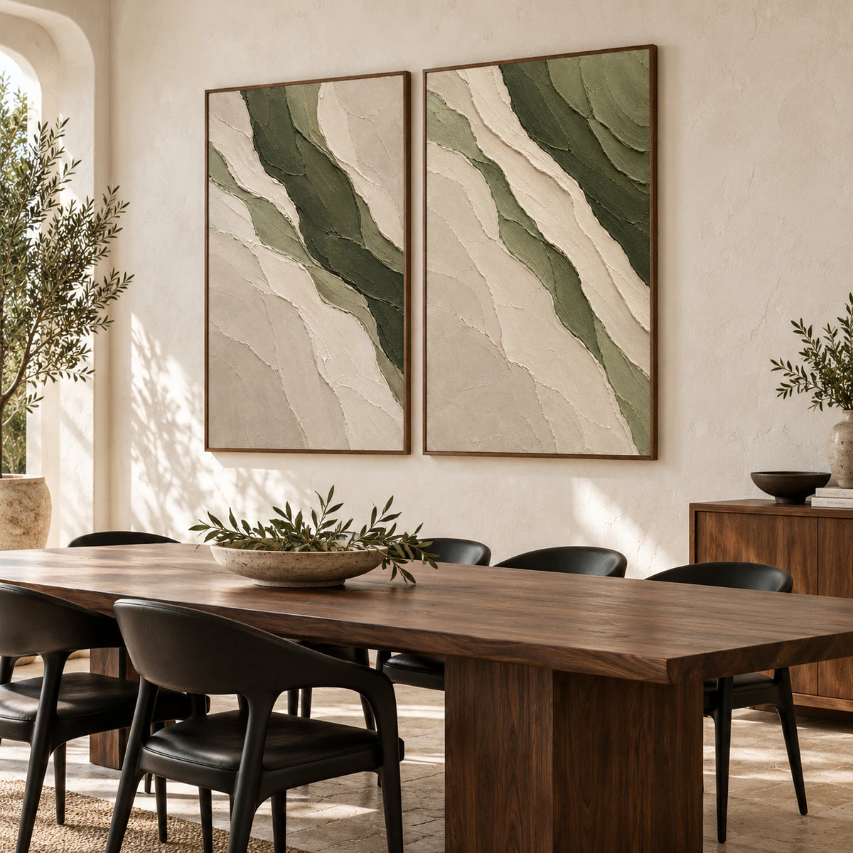 Verdant-Relief olive and ivory diptych in a refined daylight dining room.