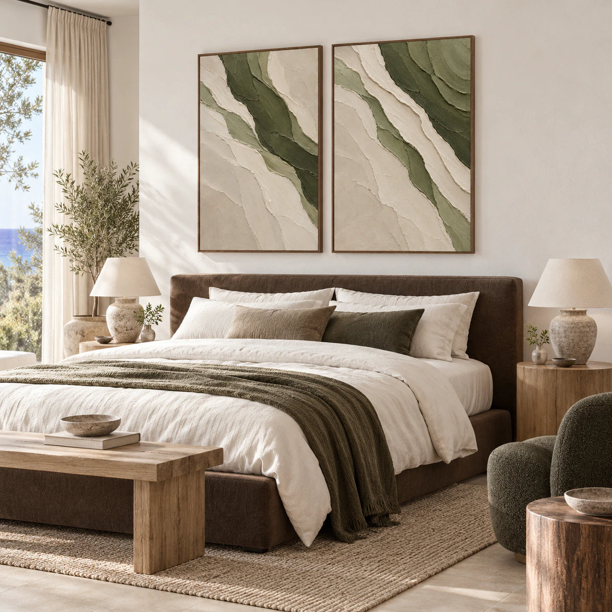 Verdant-Relief coordinated diptych in a quiet, naturally lit bedroom.