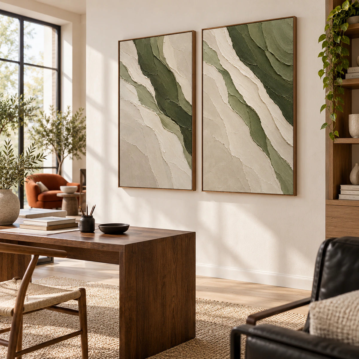 Verdant-Relief textured set of two in an airy home office reading space.