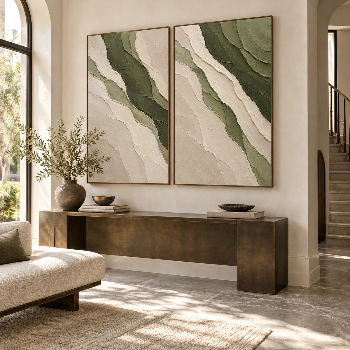 Verdant-Relief vertical diptych displayed at gallery scale in a bright foyer.