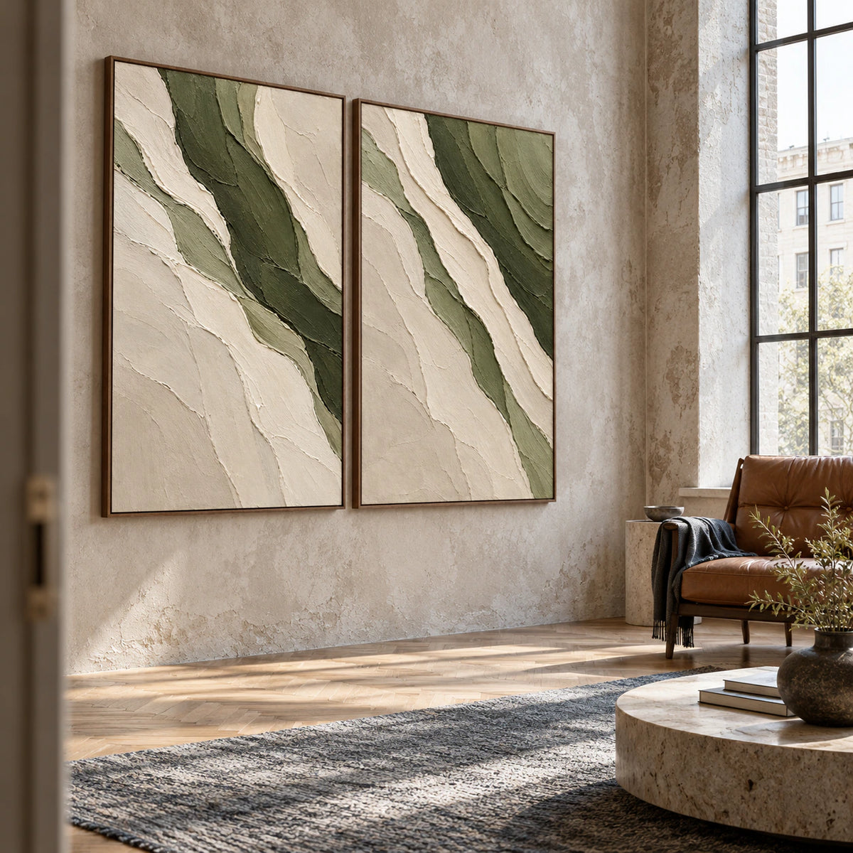 Verdant-Relief olive and ivory diptych in an expansive daylight loft hospitality interior.