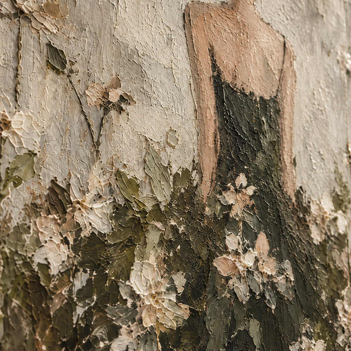 Verdant-Reverie oil painting brushwork and impasto detail photographed from an oblique side angle