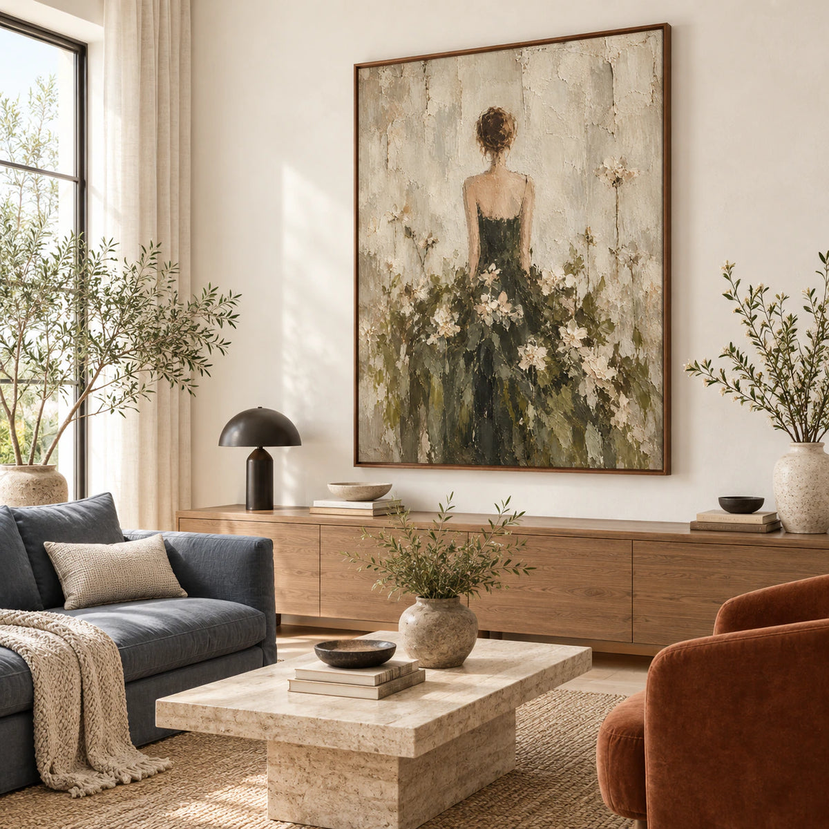 Verdant-Reverie as the focal point above a restrained sofa in a bright living room.