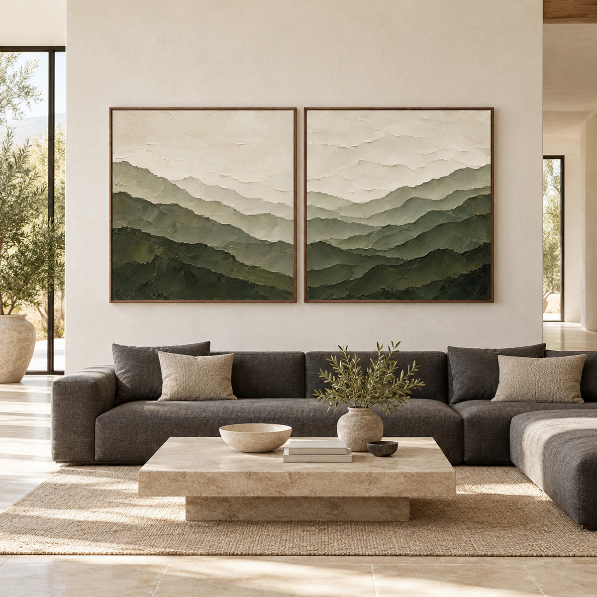 Large square green mountain diptych in slim walnut frames, presented straight-on in a bright architectural living space.