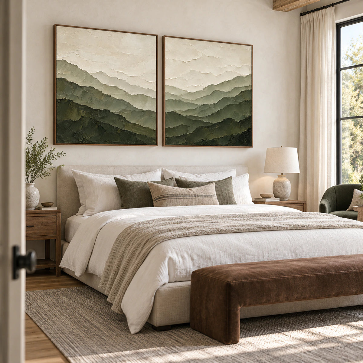 Olive and cream mountain diptych in a quiet bedroom with soft natural daylight.