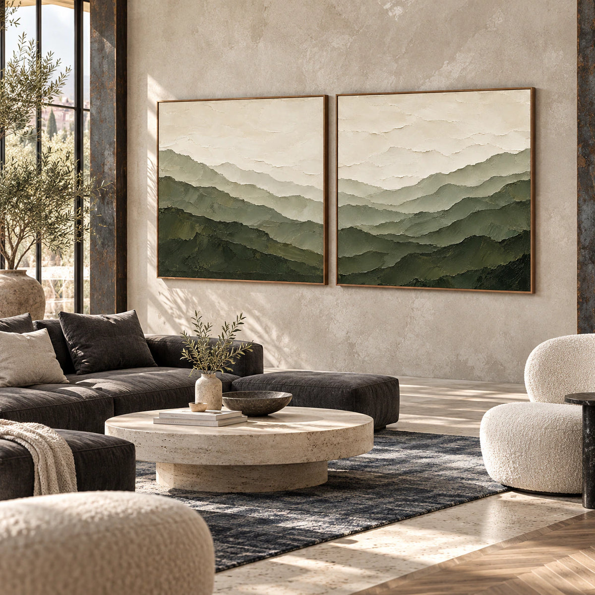 Square textured mountain diptych in an expansive daylight-filled hospitality loft interior.