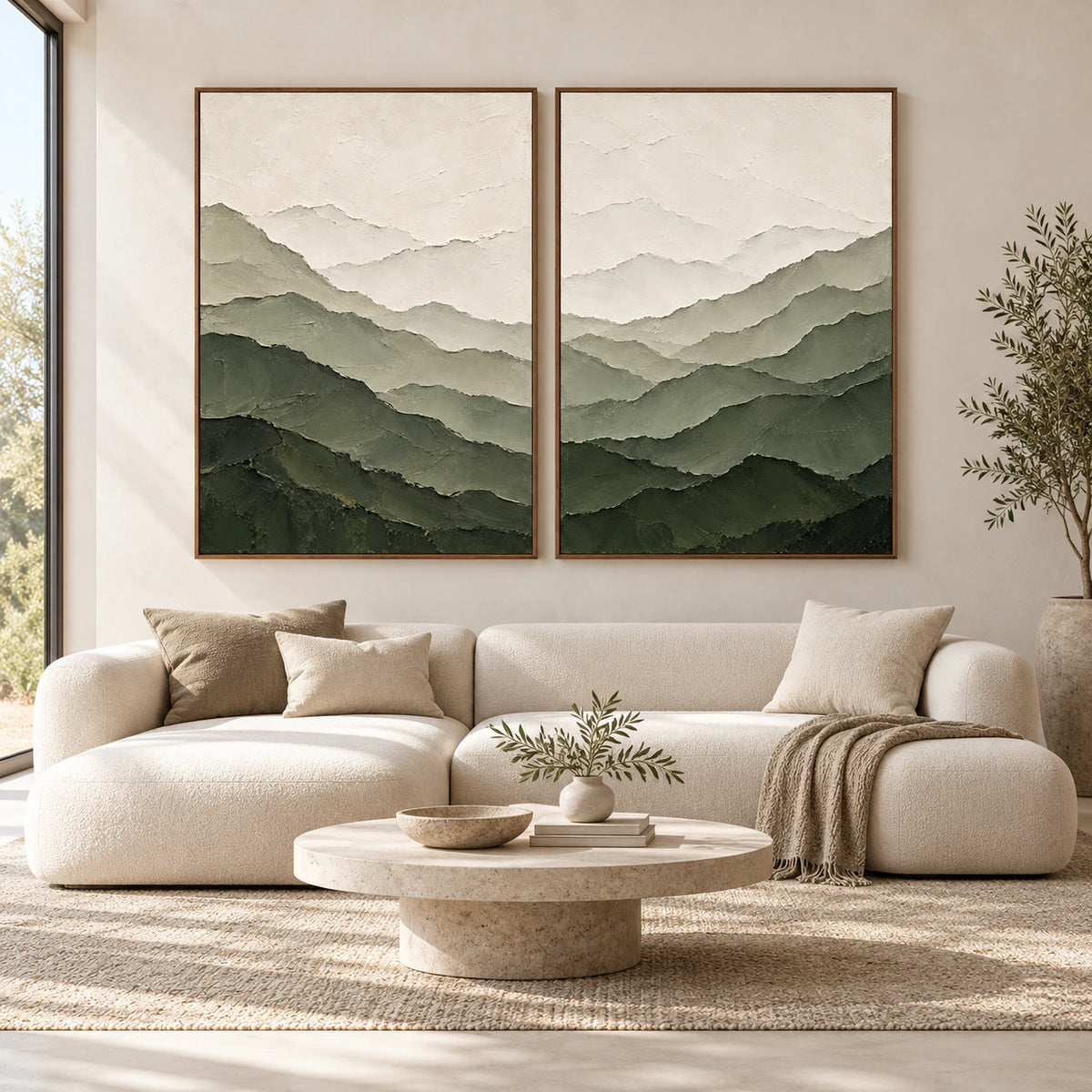 Large straight-on gallery view of the Verdant-Ridges diptych in slim walnut frames.