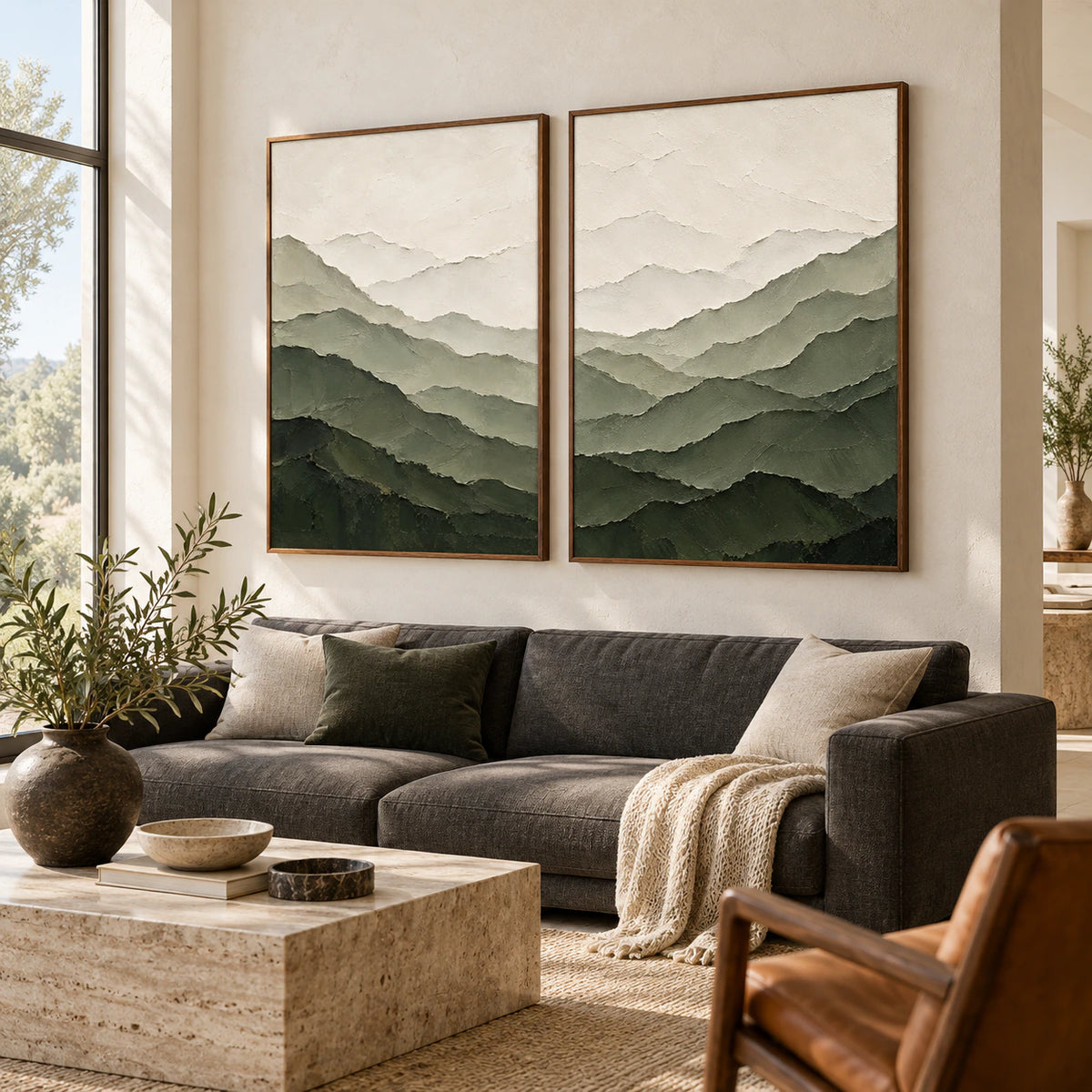 Verdant-Ridges diptych above a bright living-room seating arrangement.