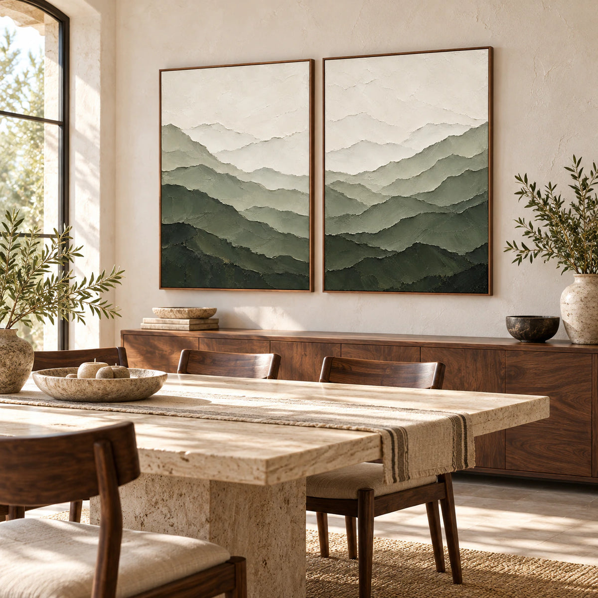 Verdant-Ridges diptych in a refined daylight dining room.