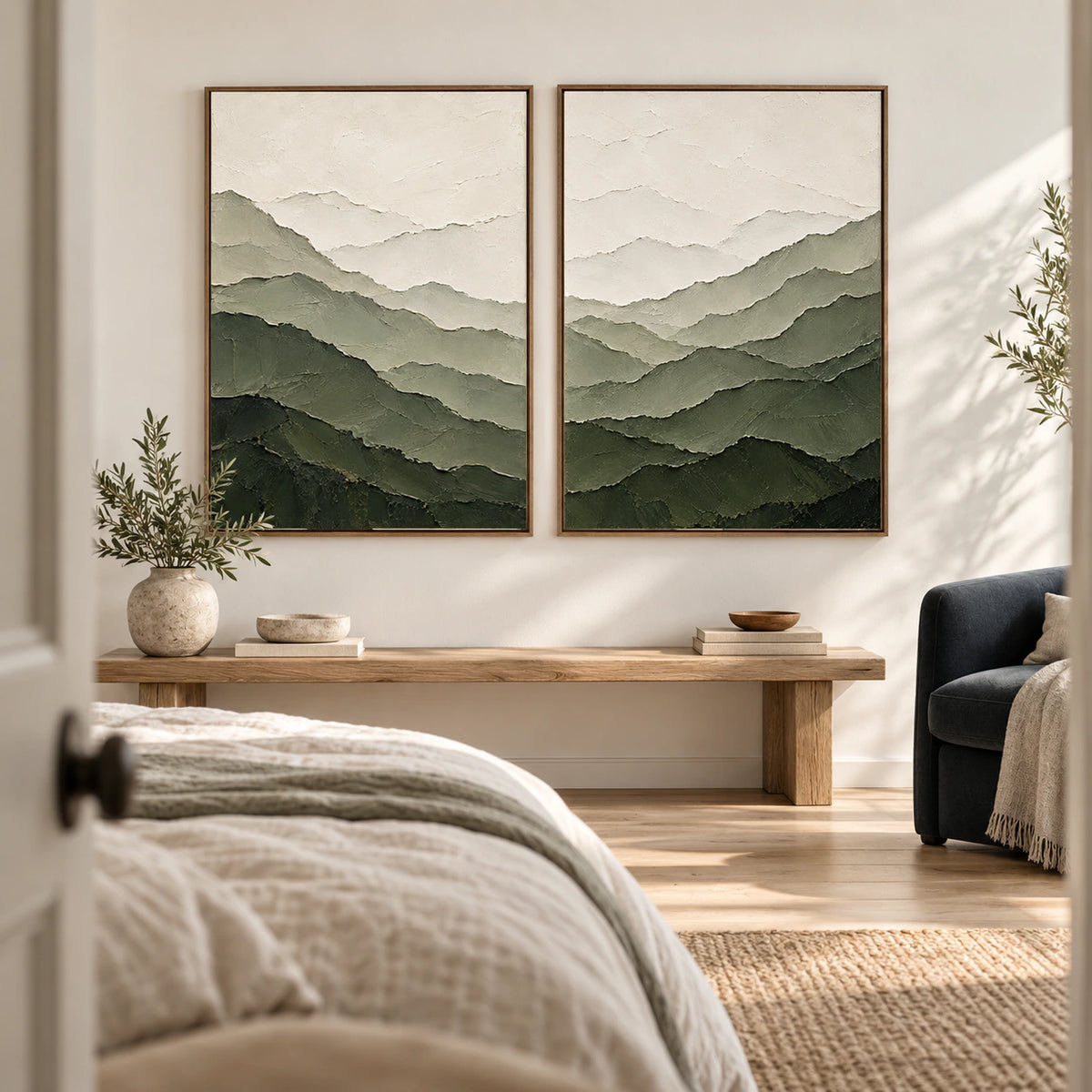 Verdant-Ridges diptych above a quiet bedroom bench.