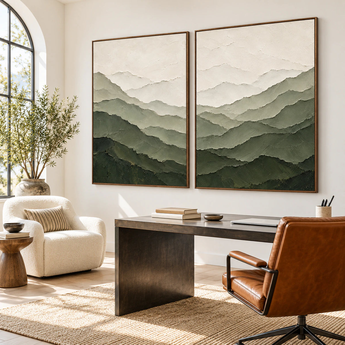 Verdant-Ridges diptych in an airy home office reading space.