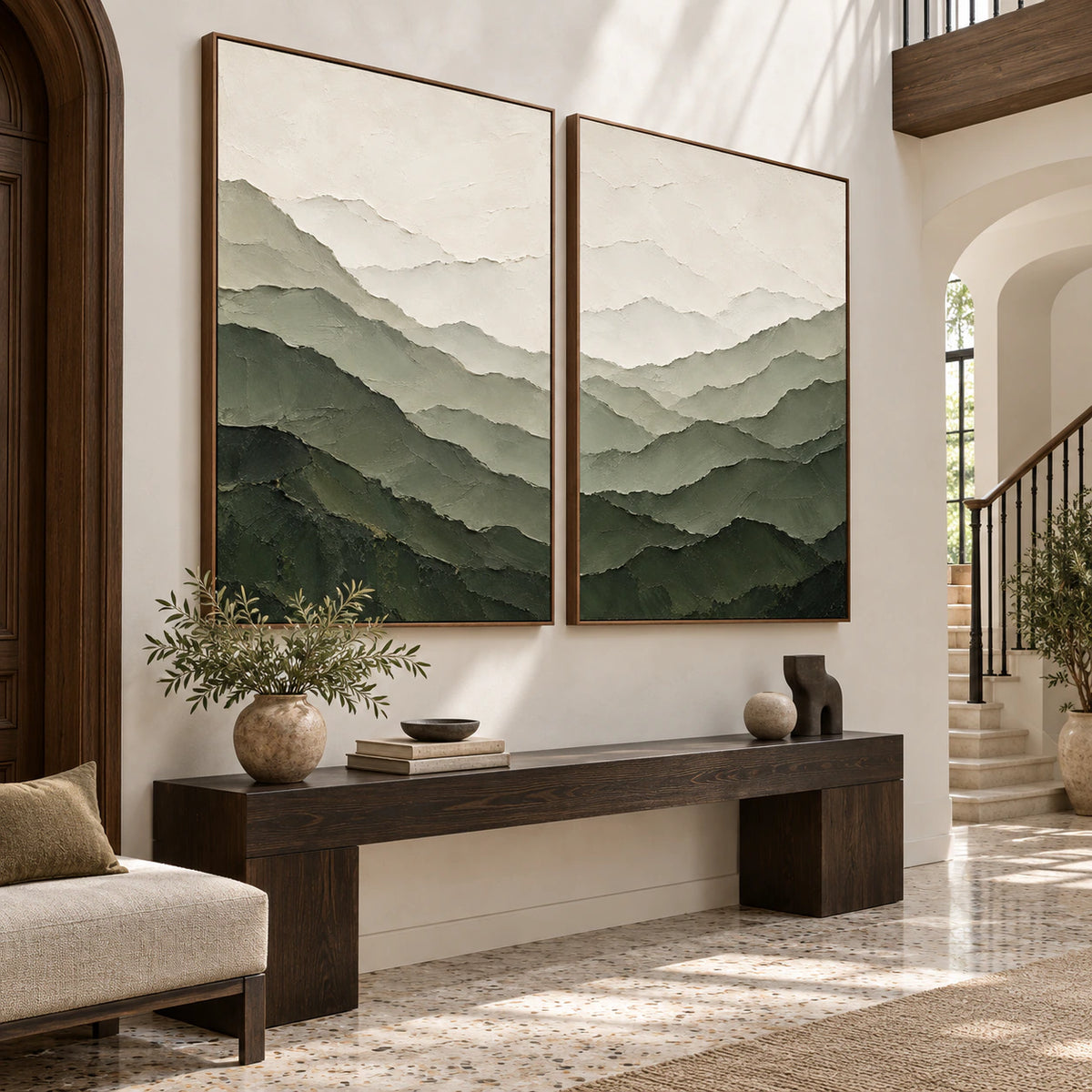Verdant-Ridges diptych displayed at gallery scale in a foyer.