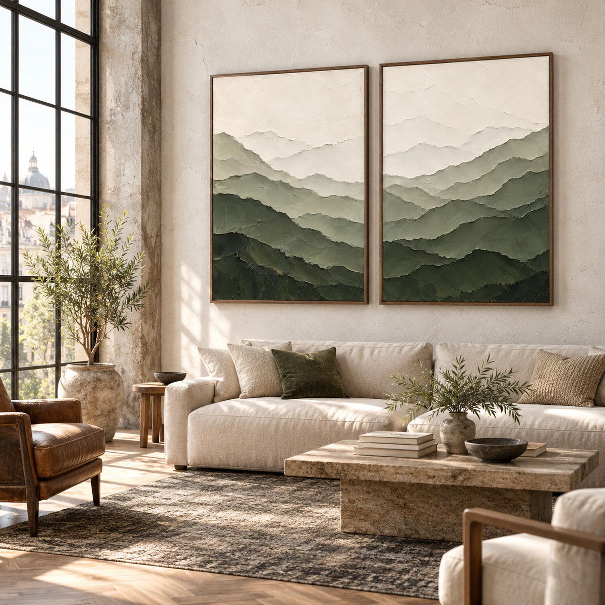Verdant-Ridges diptych as the focal point of an expansive loft interior.