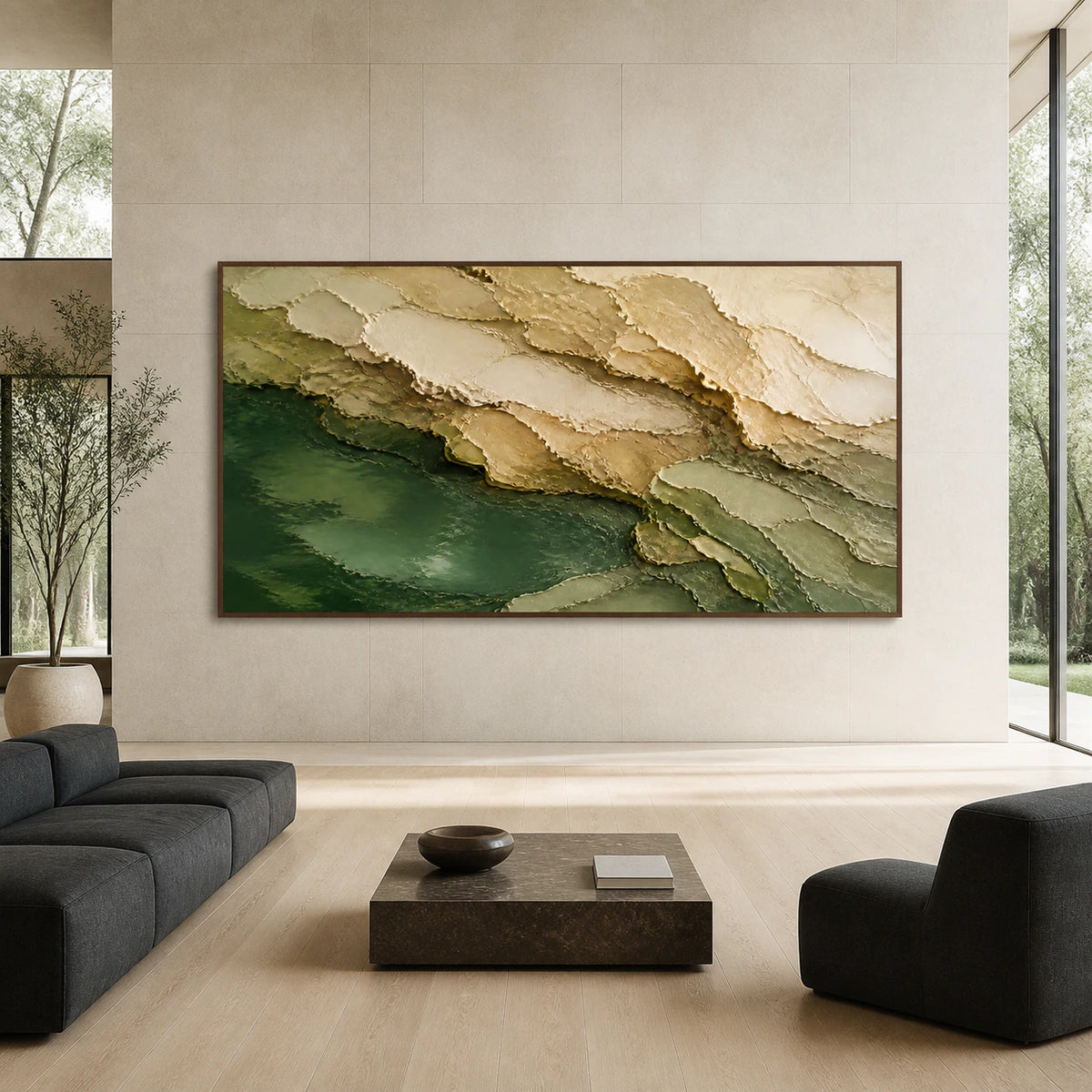 Large Verdant-Strata painting displayed straight-on in a bright, expansive architectural living space.