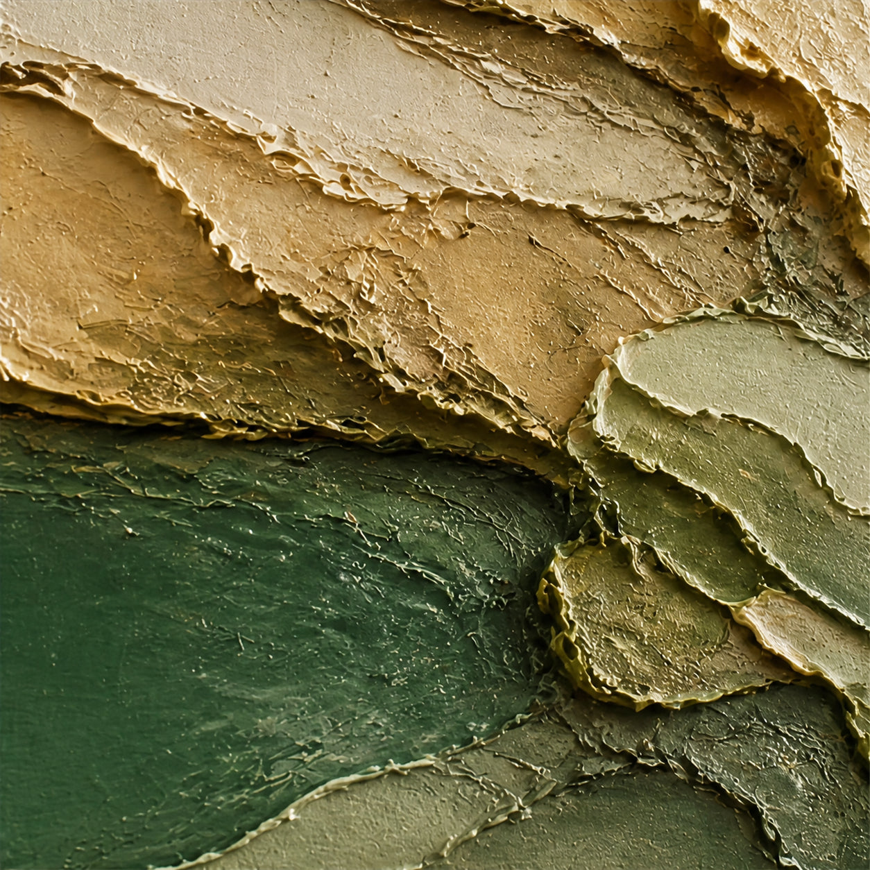 Verdant-Strata oil painting brushwork and impasto detail photographed from an oblique side angle