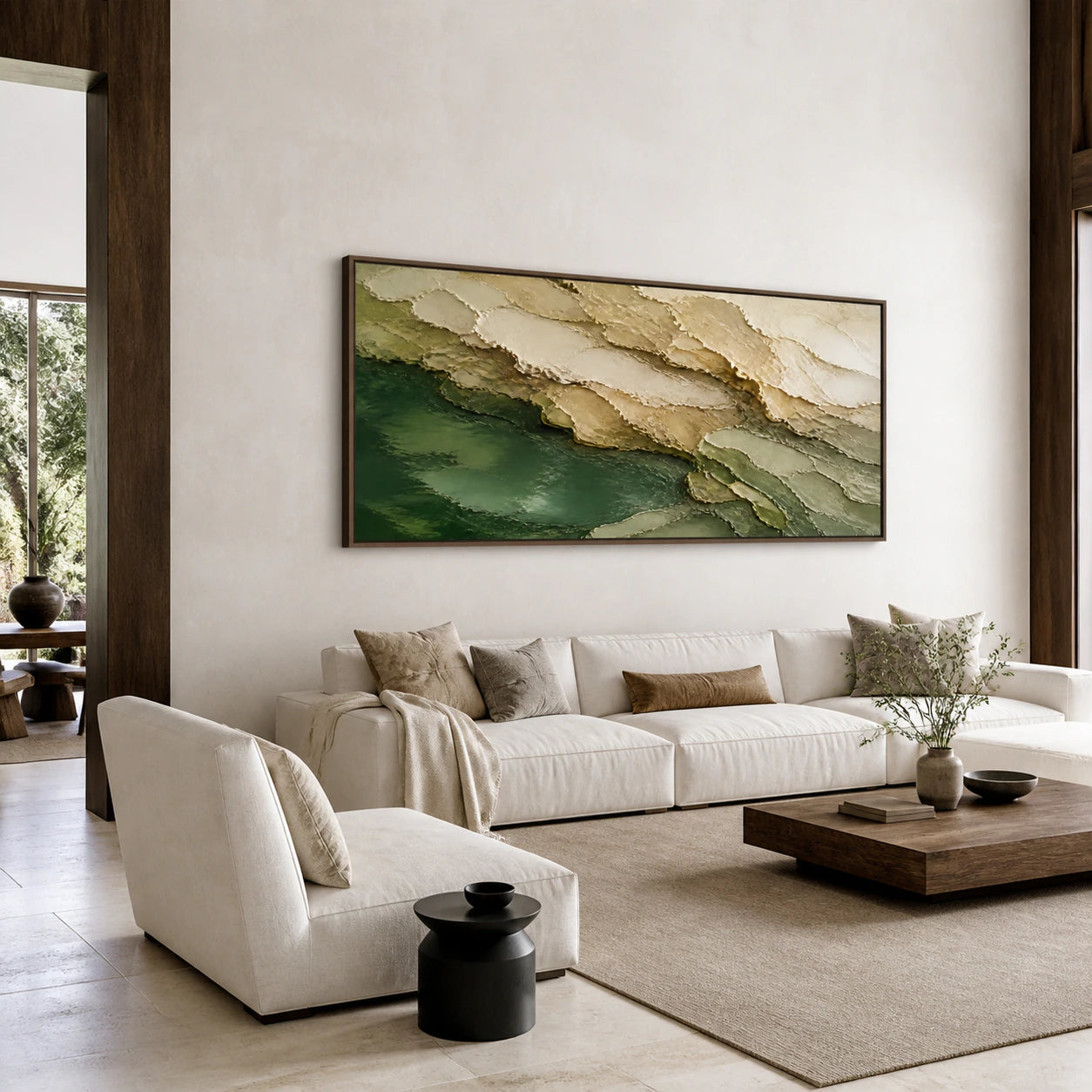 Verdant-Strata as the focal artwork above a restrained sofa in a bright living room.
