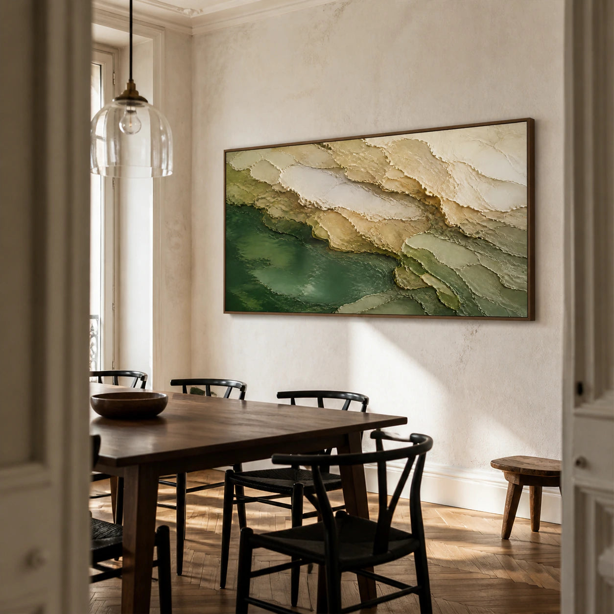 Verdant-Strata anchoring a refined daylight dining room with sculptural furnishings.