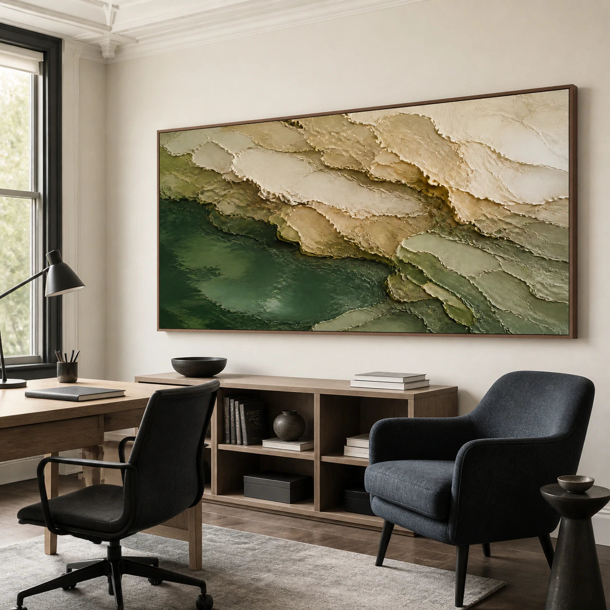 Verdant-Strata displayed in an airy reading and home-office space.