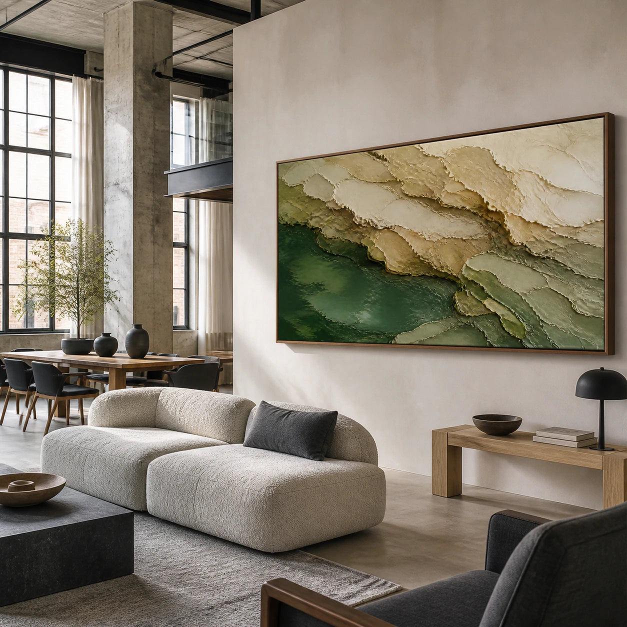 Verdant-Strata as a large focal artwork in an open hospitality loft interior.