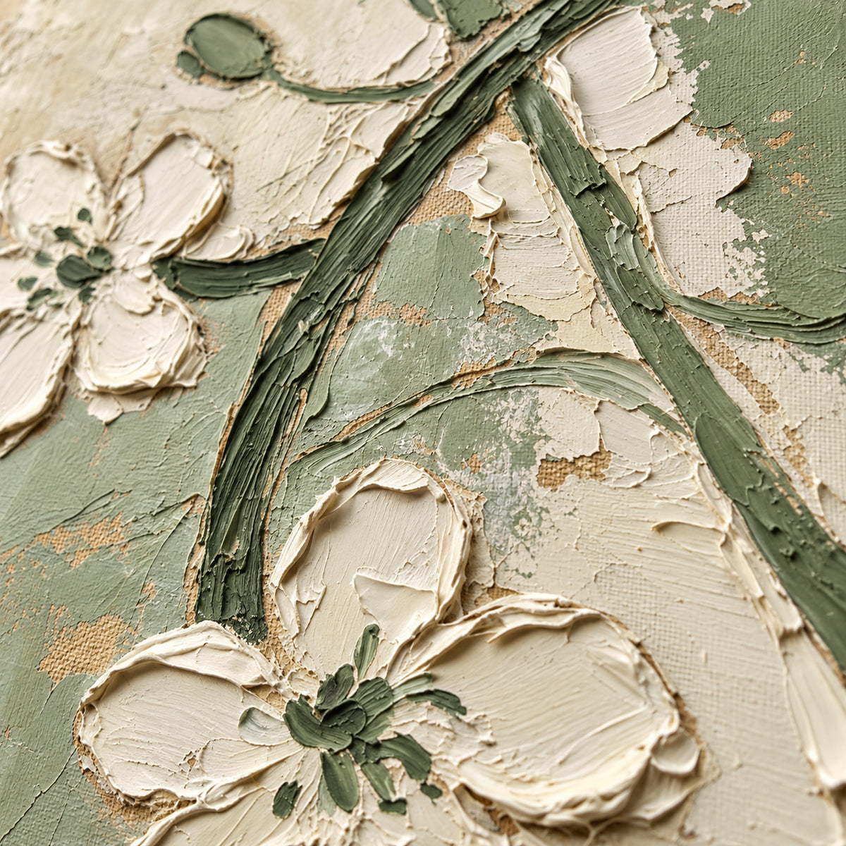 Verdant-Trace oil painting brushwork and impasto detail photographed from an oblique side angle