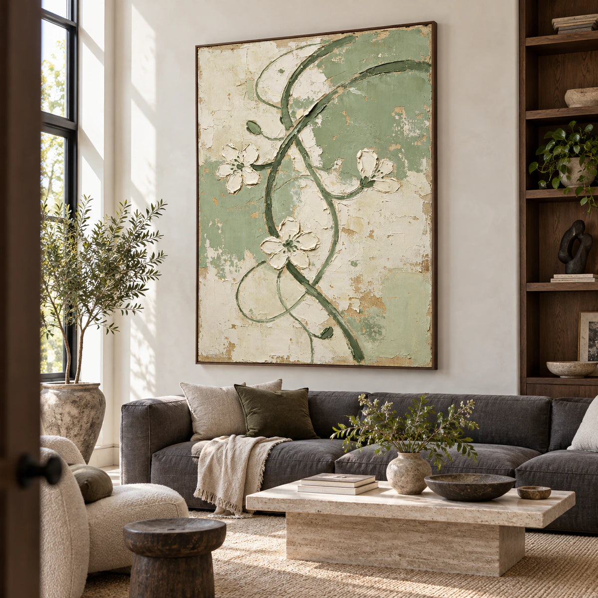 Verdant-Trace above a restrained contemporary sofa in a bright living room.