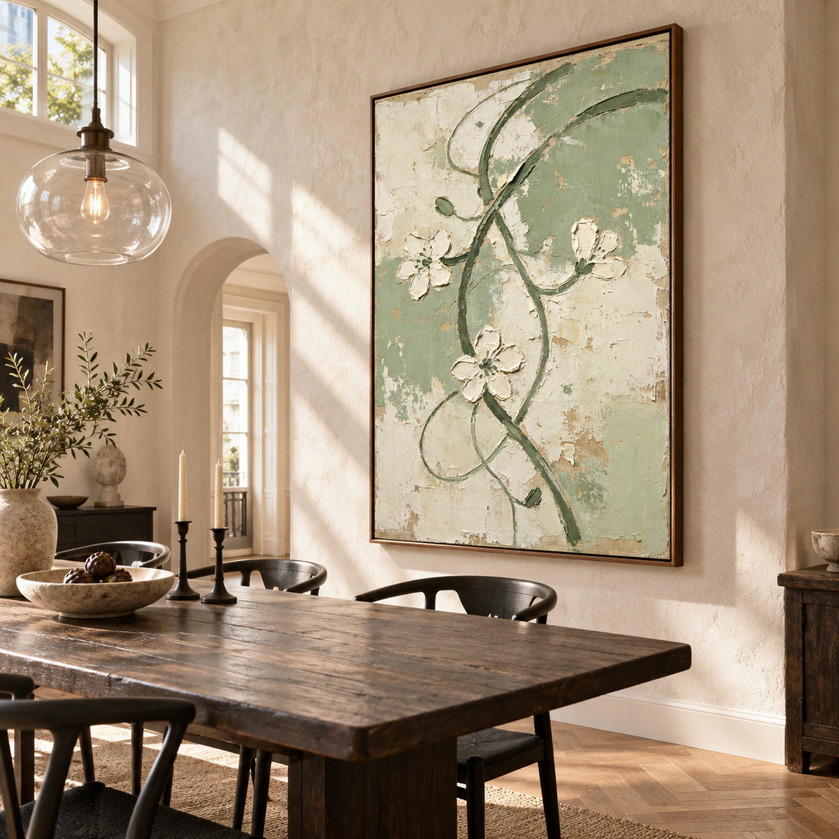 Verdant-Trace as the focal artwork in a refined daylight dining room.