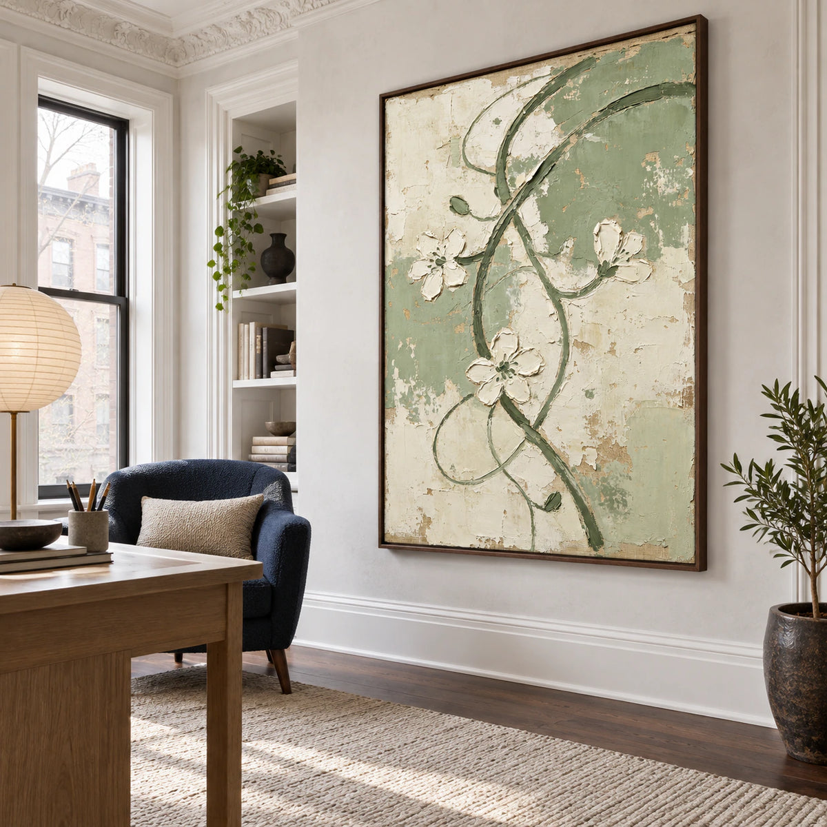 Verdant-Trace displayed prominently in an airy reading and home-office space.