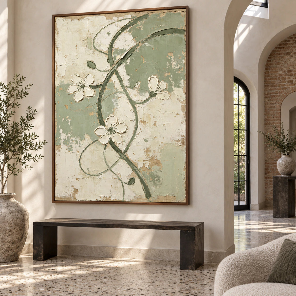 Verdant-Trace at gallery scale in a sunlit sculptural foyer.