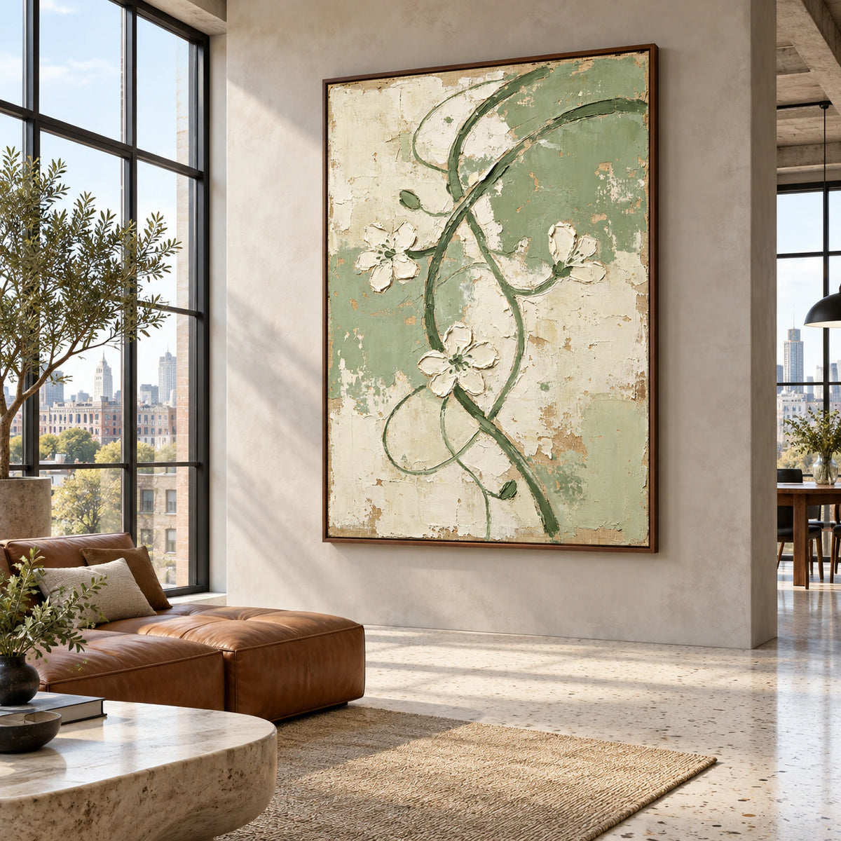 Verdant-Trace anchoring an expansive, daylit loft hospitality interior.