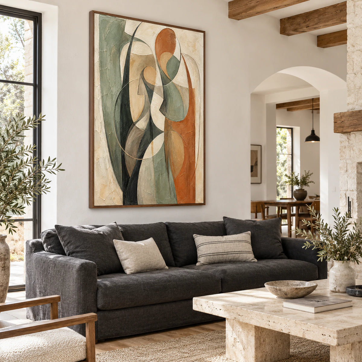 Verdigris-Arc above a neutral sofa in a bright contemporary living room.