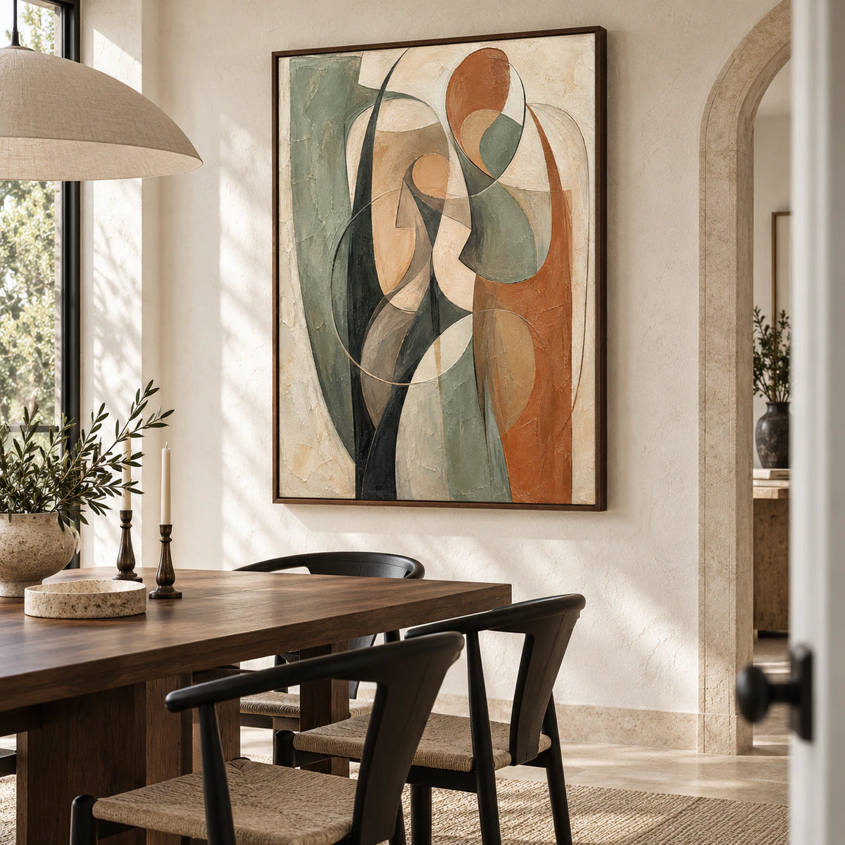 Verdigris-Arc as a focal point in a refined daylight-filled dining room.